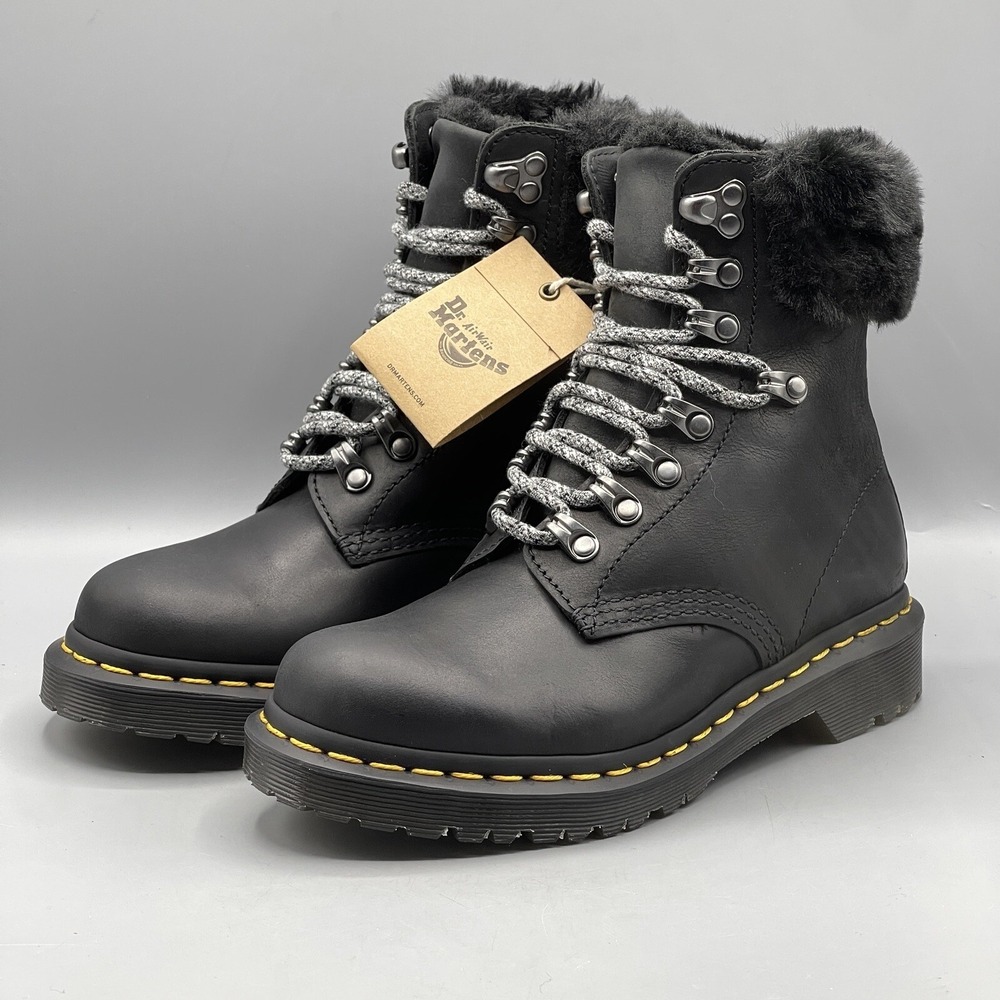 Doctor‎ Martens Women's 5 Black Leather Boots Faux Fur Lined Chunky Serena Dr